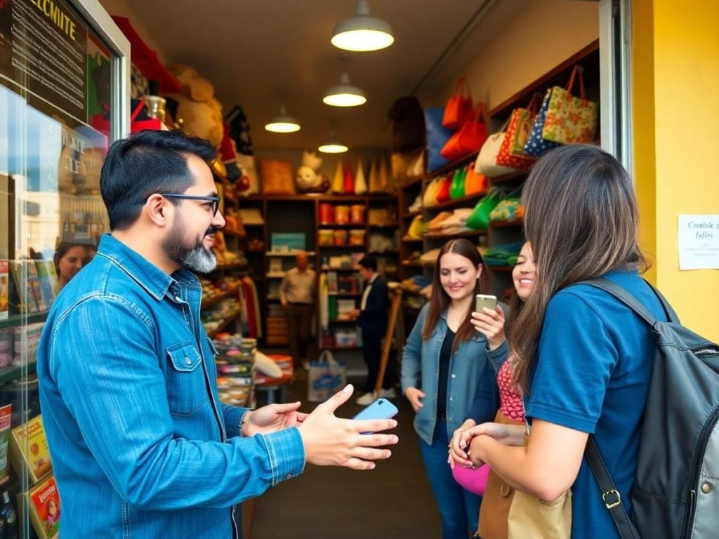 Proprietar de afacere interacționând cu clienții într-un magazin.