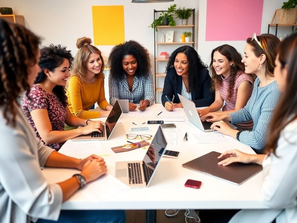 Grup de femei discutând strategii de marketing.