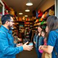 Proprietar de afacere interacționând cu clienții într-un magazin.